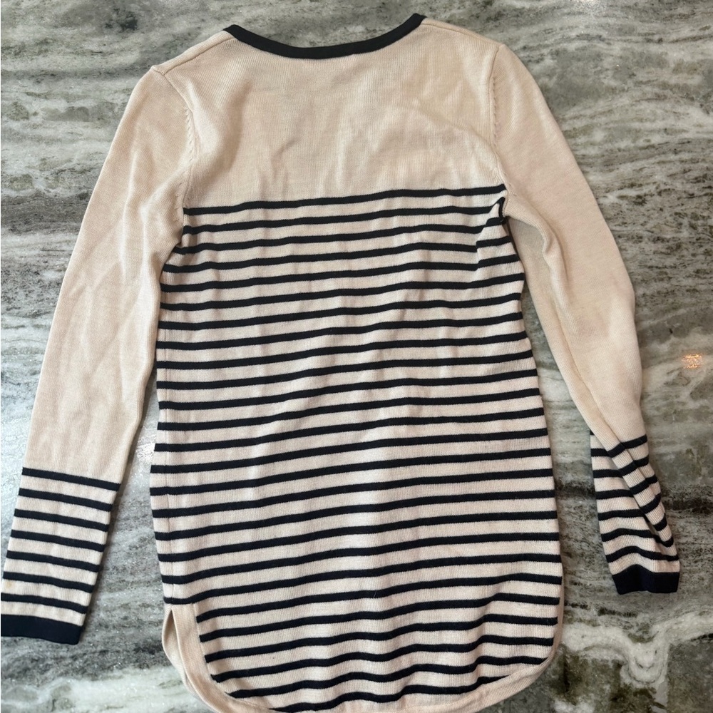 Tory Burch Merino Wool Cream and Navy Striped V-Neck Sweater - Picture 6 of 6